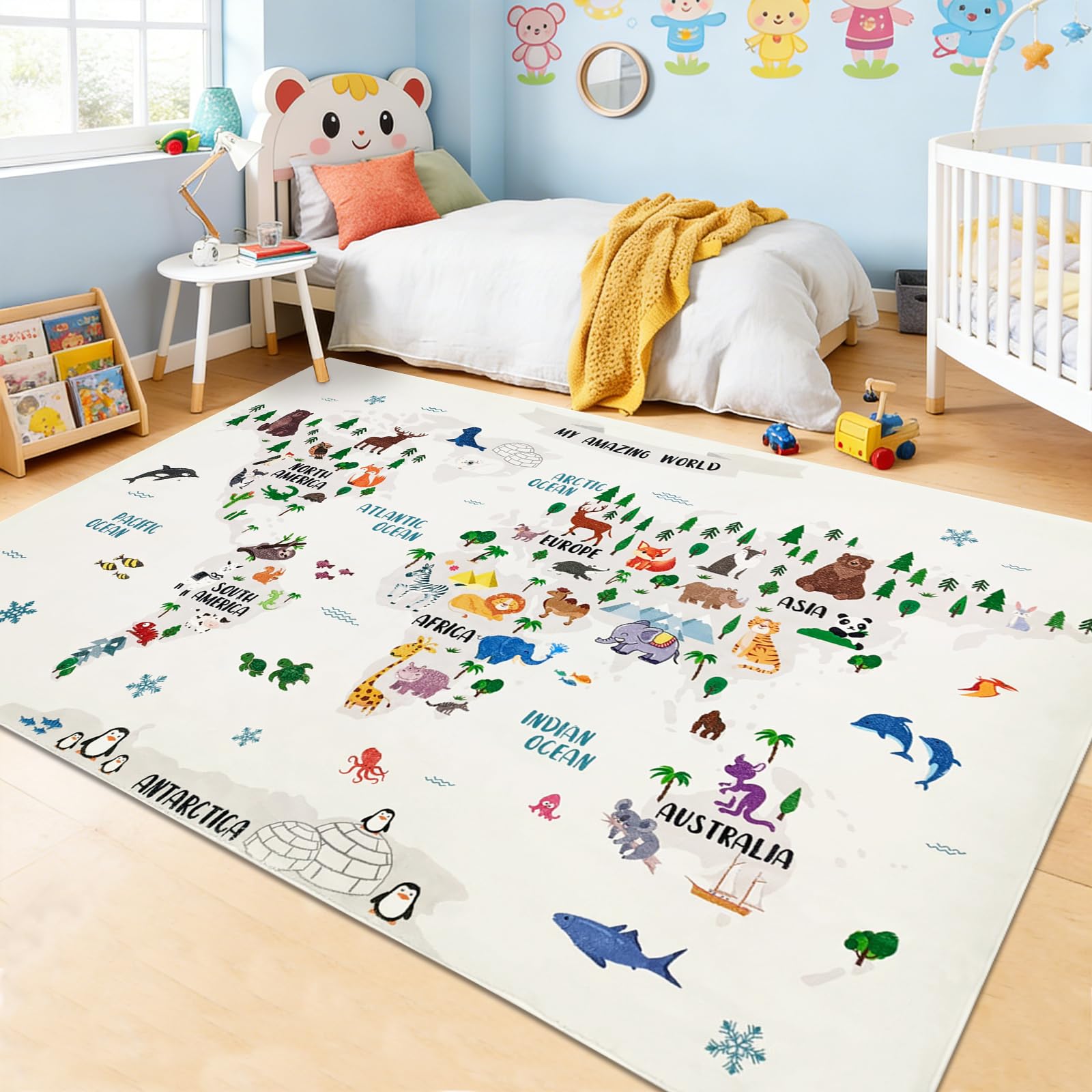 Lacomfy Kids Rug Animal Play Mat 4x6Ft Large World Map Bedroom Carpet for Boys Girls, Animal Continent Educational Classroom Area Rug for Children