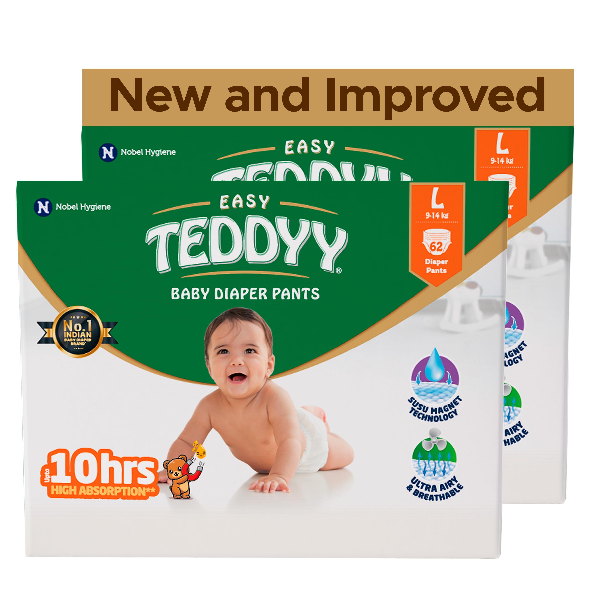 TEDDYY Baby Easy Large Diaper Pants 124 Count (Pack of 2), 9-14 kgs, 12 hrs Leak Protection, Anti - Bacterial