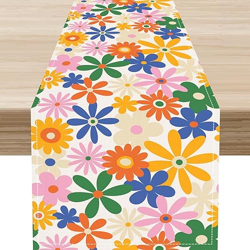 Miniatura 15 de Camino de mesa de los años 70, rústico azul ondulado, cuadrícula floral, moderno, retro, bohemio, hippie de los años 60, decoración abstracta de la