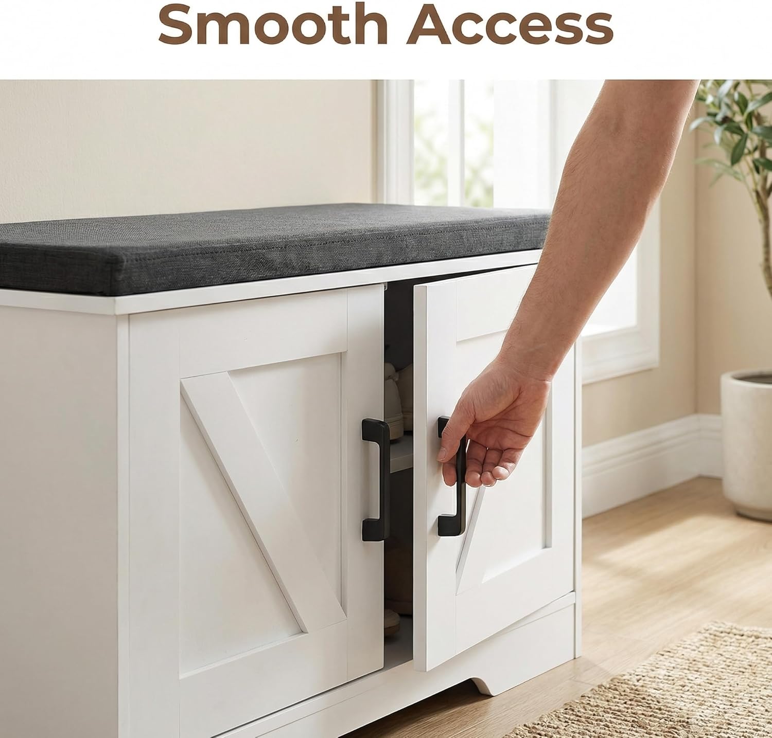 2-Tier Storage Bench, 27.6" Wide Shoe Bench with Padded Seat Cushion, Entryway Bench with 2 Barn Doors and Adjustable Shelf, White