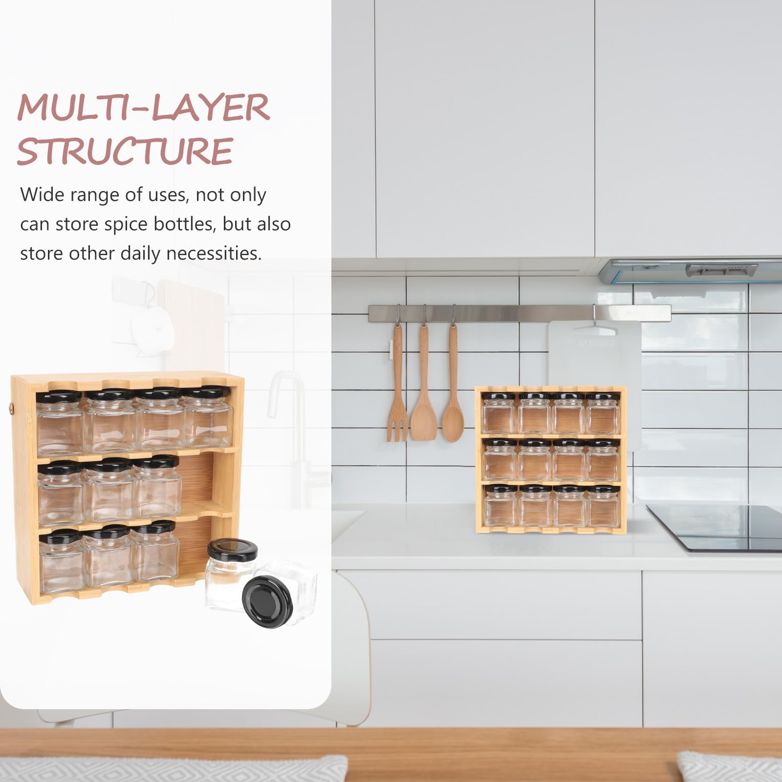 SHINEOFI Soporte Versátil para Especias de Madera y Vidrio Estructura de Múltiples Capas para Organizar Botes de Condimentos en Cocina, Adecuado para Almacenamiento