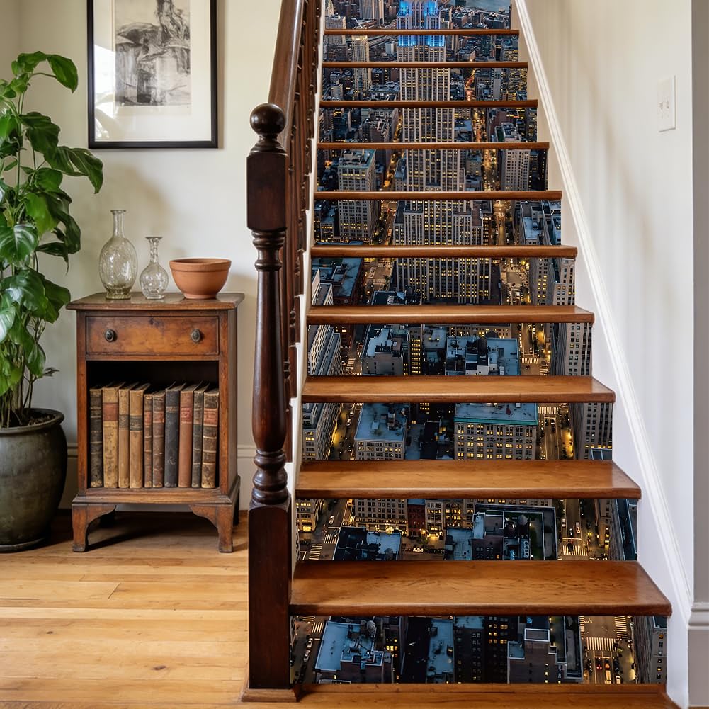 TNKBREEZE 15 Strips New York City Theme Stairs Stickers Peel and Stick Stair Riser Decals Modern Building Removable Self-Adhesive PVC Art Sticker Decor for Steps Staircase Murals Decals 39.37×7.09inch