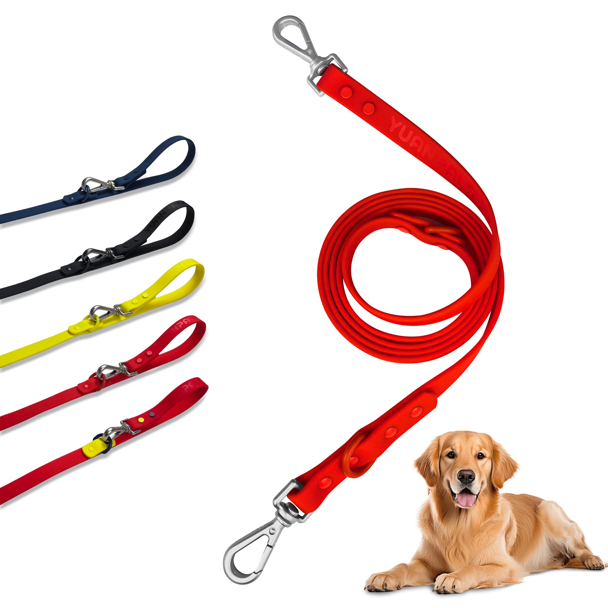 YuanPals Waterproof Dog Leash, Double-Ended Sturdy Snap-hooks Dog Lead, Easy To Clean PVC Coated Nylon Strap, 3 Length or 2 Pups(S-Red)