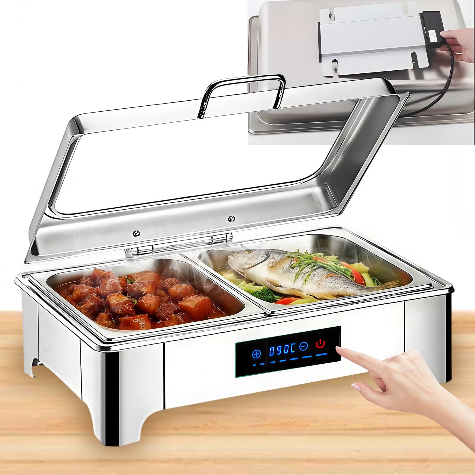 Chafing Dish Elettrico 9L in Acciaio Inox Temperatura Regolabile | Professionale Scaldavivande Elettrico per Buffet, Contenitore Scalda Cibo con Coperchio in Vetro per Buffet e Hotel