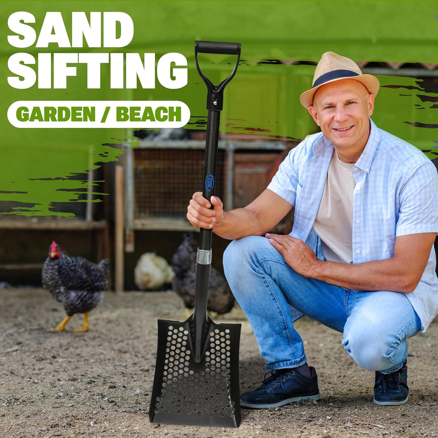 CKG Siebschaufel Sand und Hühnerkotschaufel mit Carbon-Griff, Schwarz | Für Sand, Stall & Garten. Siebt schnell Erde, Einstreu & Strandgut. Mit Carbon-Griff, Stahlwanne & D-Griff