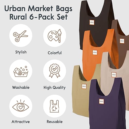 Miniatura 6 de Bolsas de compras reutilizables, juego de 6 bolsas de comestibles lavables en un paquete compacto, nailon resistente duradero y colorido grande,