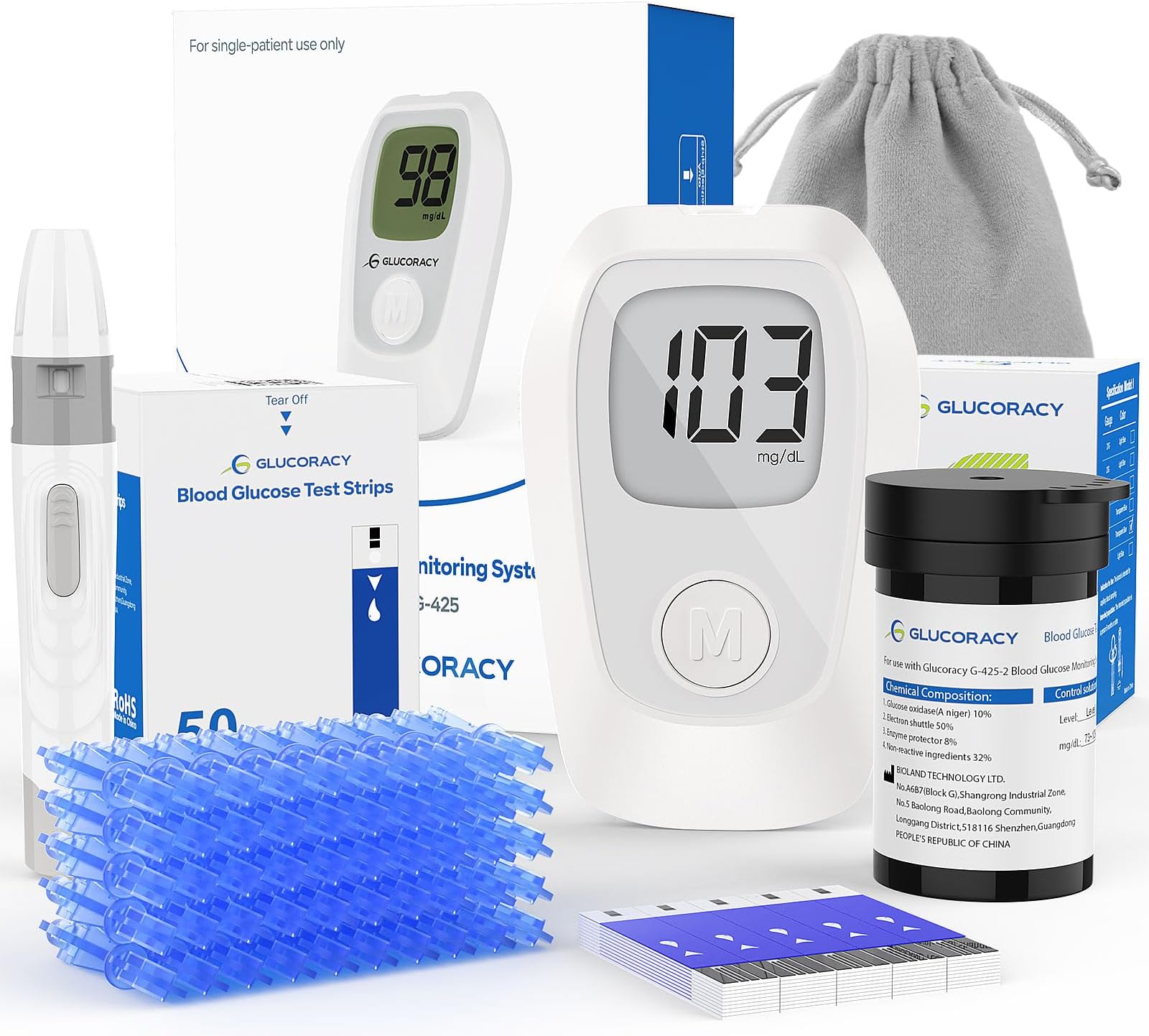 G-425 Blood Glucose Monitor Kit, Blood Sugar Test Kit with 50 Test Strips, 50 Lancets and 1 Lancing Device, Diabetes Testing Kit No Coding, Blood Sugar Monitor for Home Use