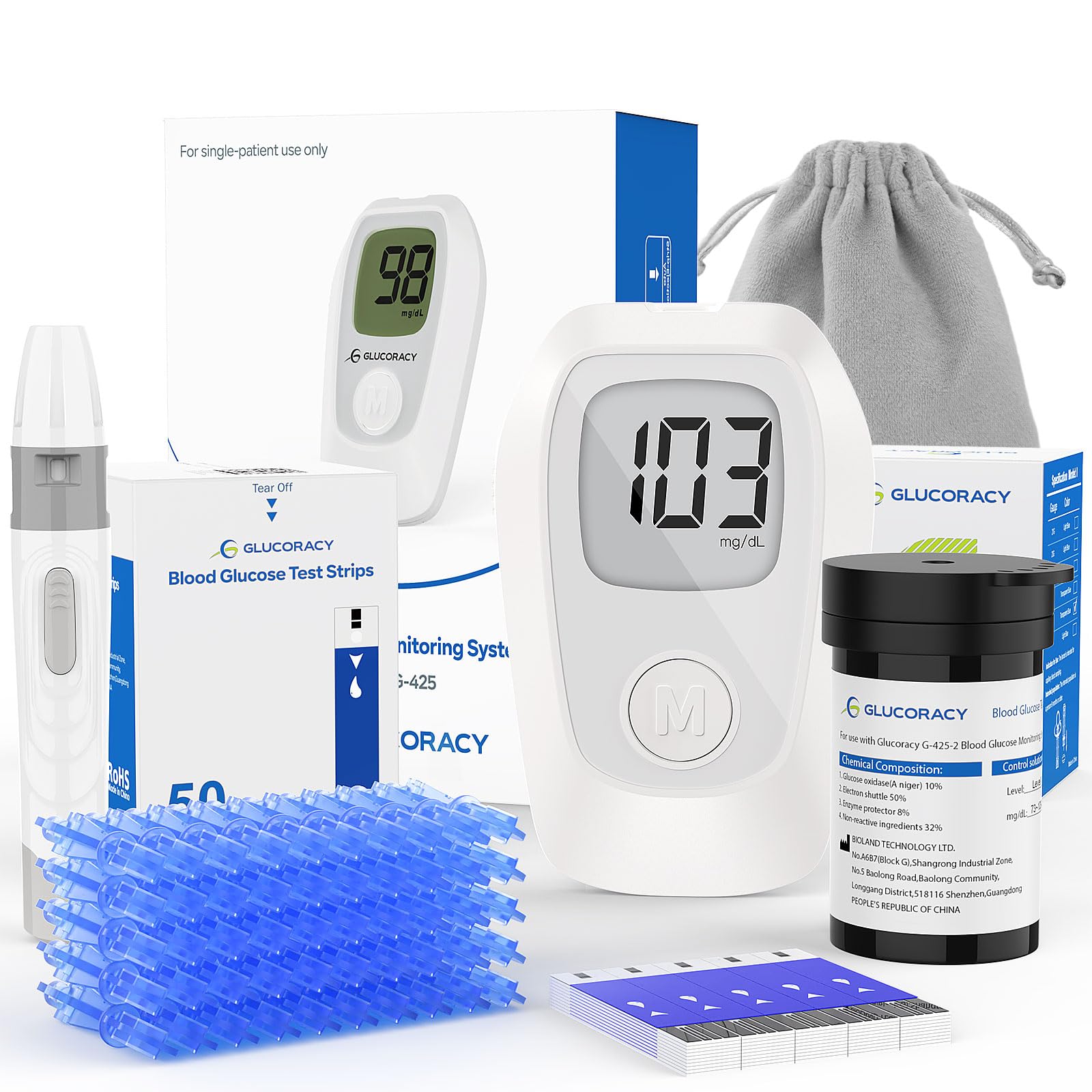G-425 Blood Glucose Monitor Kit, Blood Sugar Test Kit with 50 Test Strips, 50 Lancets and 1 Lancing Device, Diabetes Testing Kit No Coding, Blood Sugar Monitor for Home Use