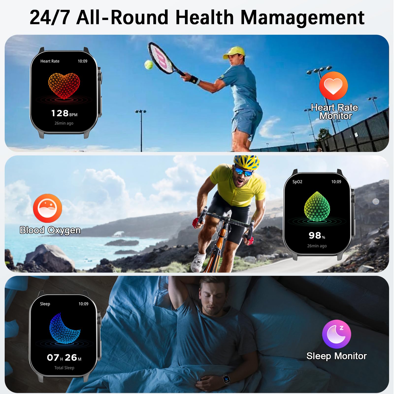 Smartwatch Damen Herren 2.01" HD AMOLED Curved Bluetooth-Anrufe Fitnessuhr Pulsmesser Schlafmonitor Schrittzähler IP68 Wasserdicht Lange Akkuleistung
