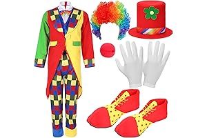 Yahenda 7 Pcs Halloween Clown Costume Set with Red Clown Nose, Wig, Shoes, Hat