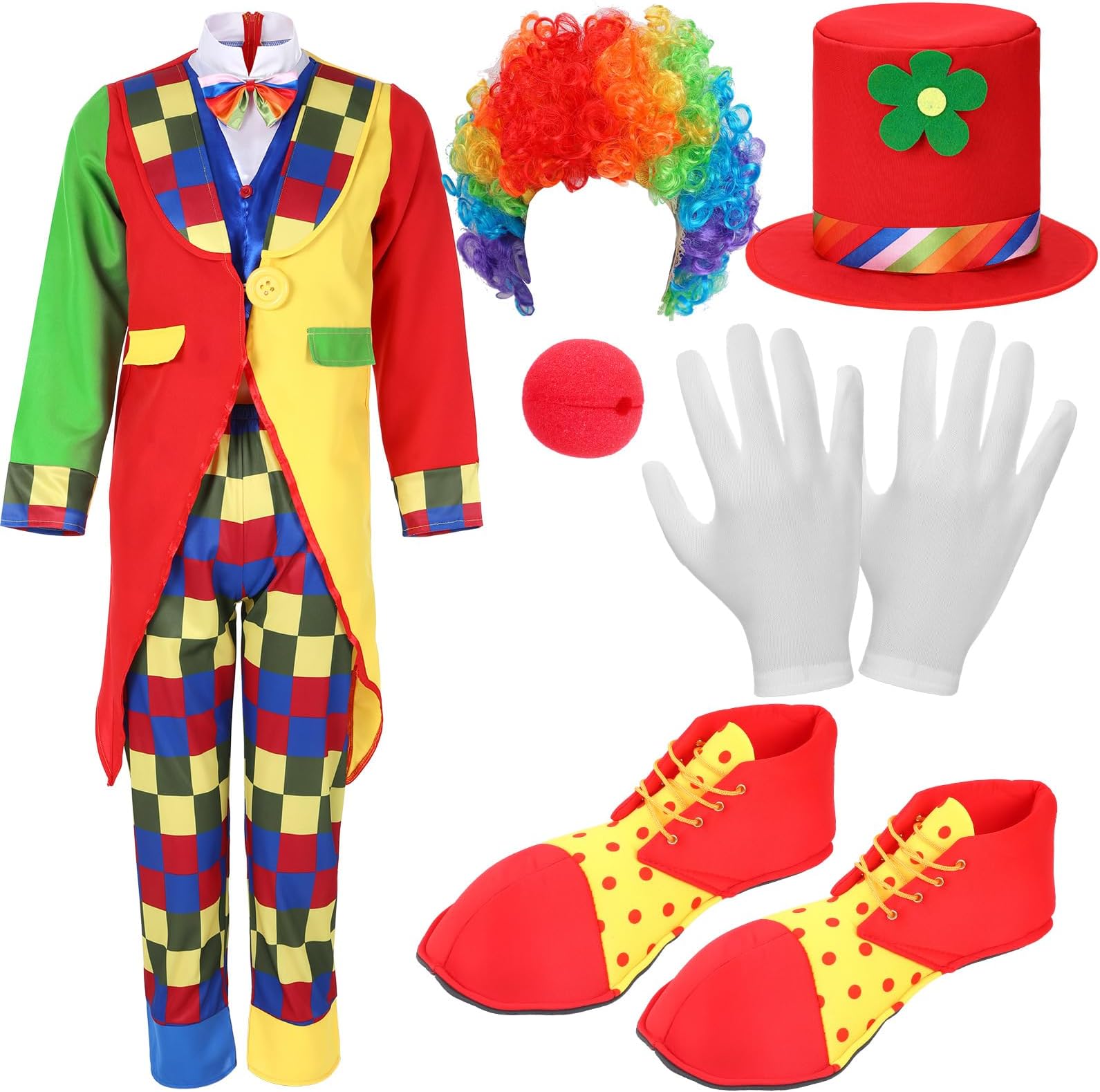 Yahenda 7 Pcs Clown Costume Set Halloween Cosplay Clown Red Nose Wig Shoes Hat Accessories Circus Carnival Party
