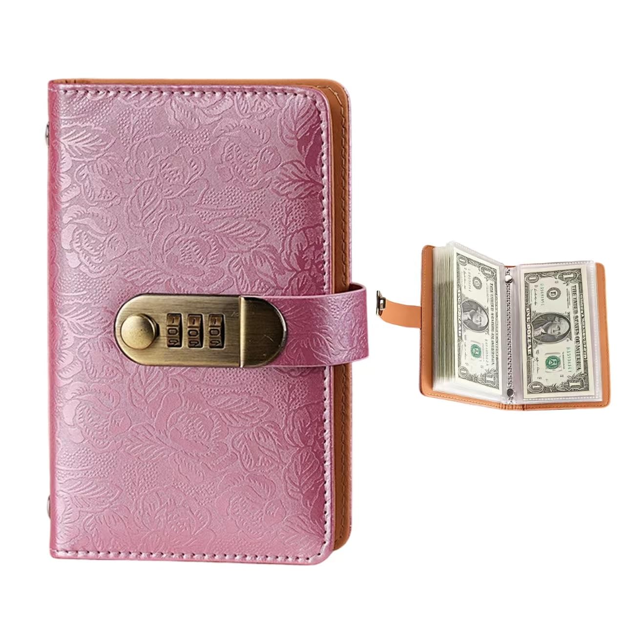 PINE WAVES Money Saving Wallet & Budget Binder, 1PCS Pink Patterned Savings Challenge Book with Lock, Money Saver Wallet for Cash, Home Office Travel Use