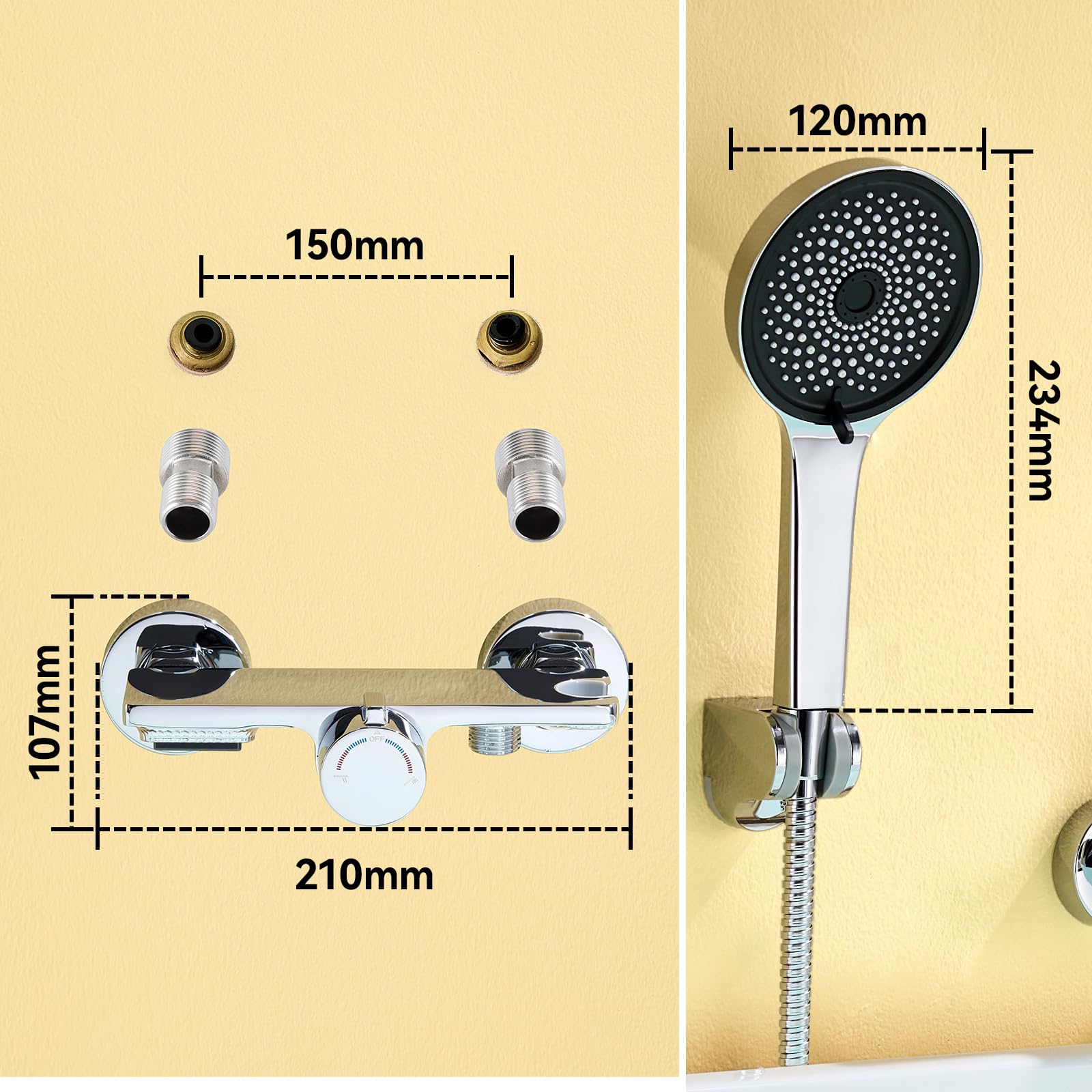 Auralum Badewannenarmatur mit Duschbrause, Duscharmatur Komplettset mit Ablage, Wasserfall Duscharmaturen, Edelstahl Schlauch und Wand Halterung, Messing Mischbatterie mit Handbrause für Bad, Chrom
