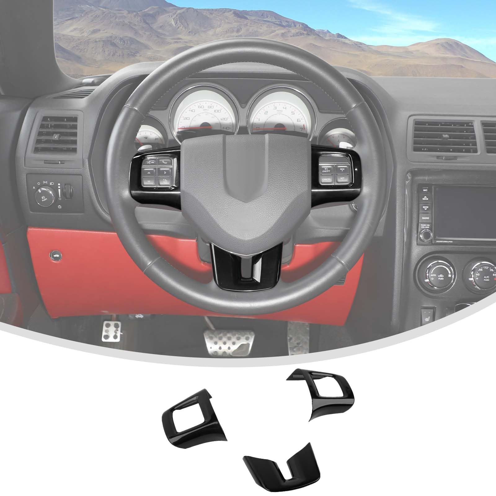 Linskip Steering Wheel Trim Compatible with Dodge Journey 2013-2022 & Charger/Challenger/Durango/Dart 2009-2014, Journey Steering Wheel Cover, Journey Interior Accessories 3Pcs(Black)