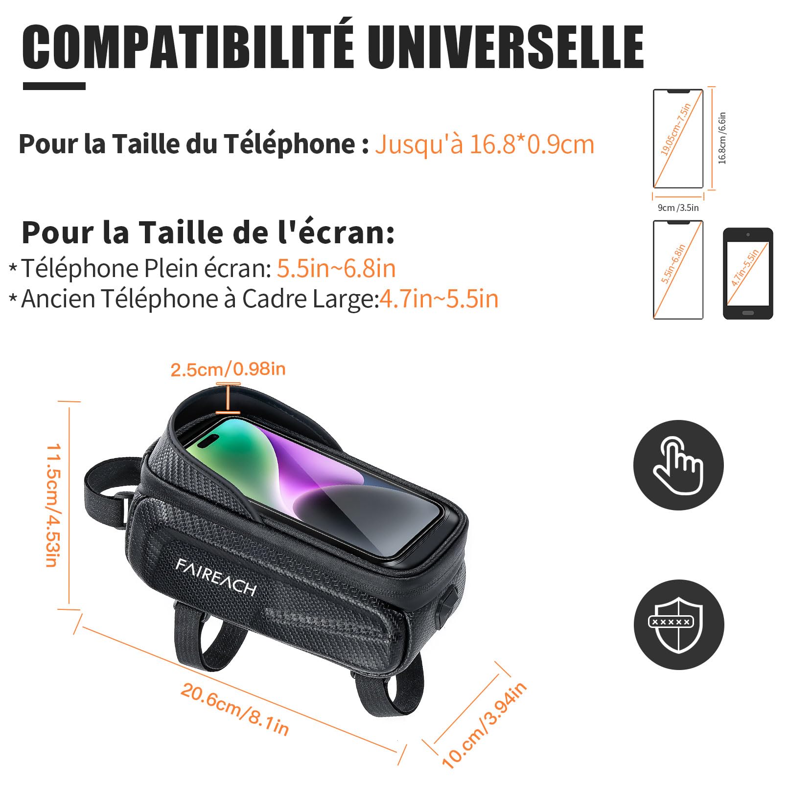Sacoche Velo Étanche Support Telephone Velo Cadre Guidon VTT TPU 3D Pare-Soleil Anti-reflet Coque Dure EVA Smartphones 6.8''