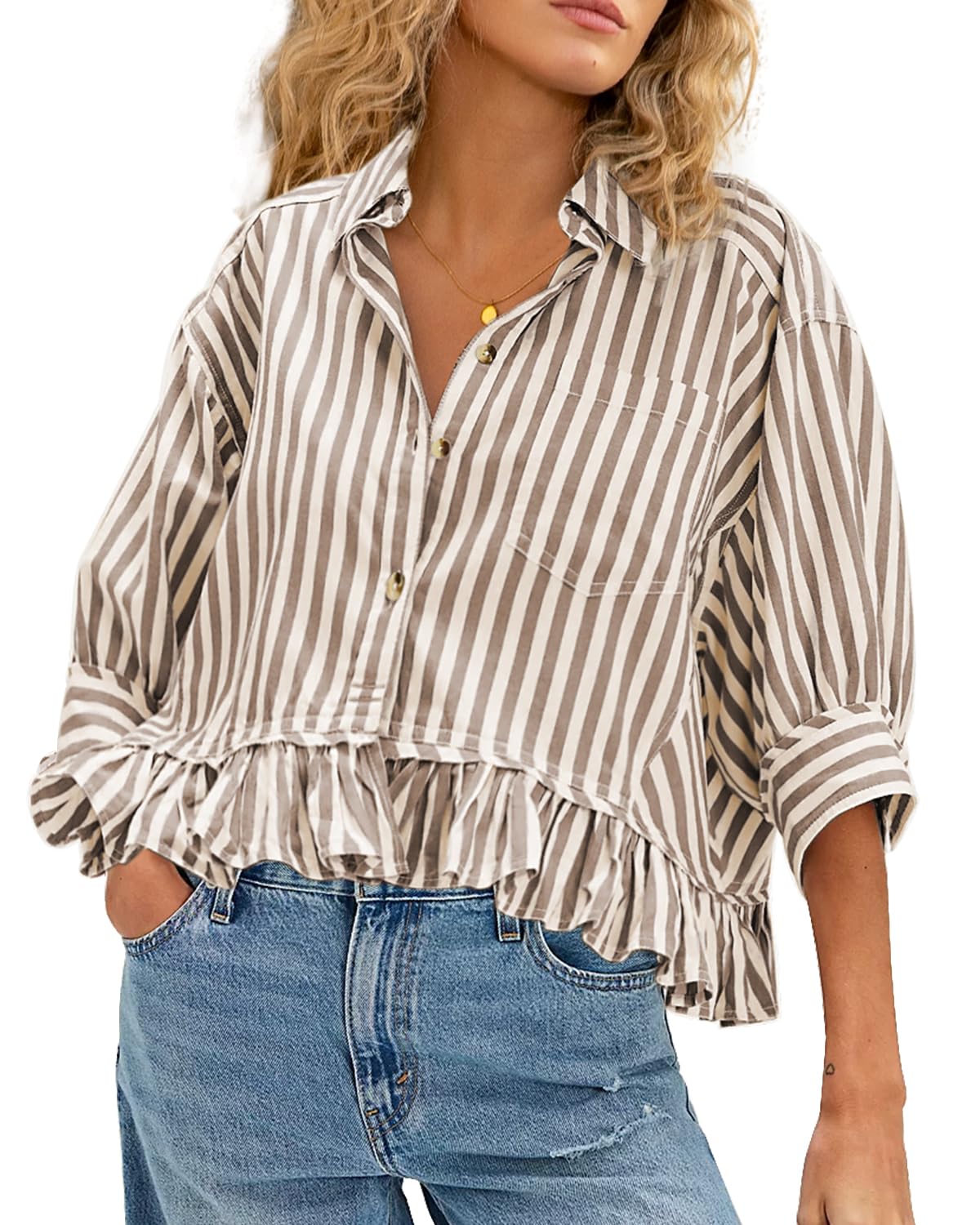 CHYRII Camicetta Estiva Casual da Donna, con Volant, Maniche Corte, con Bottoni, a Righe
