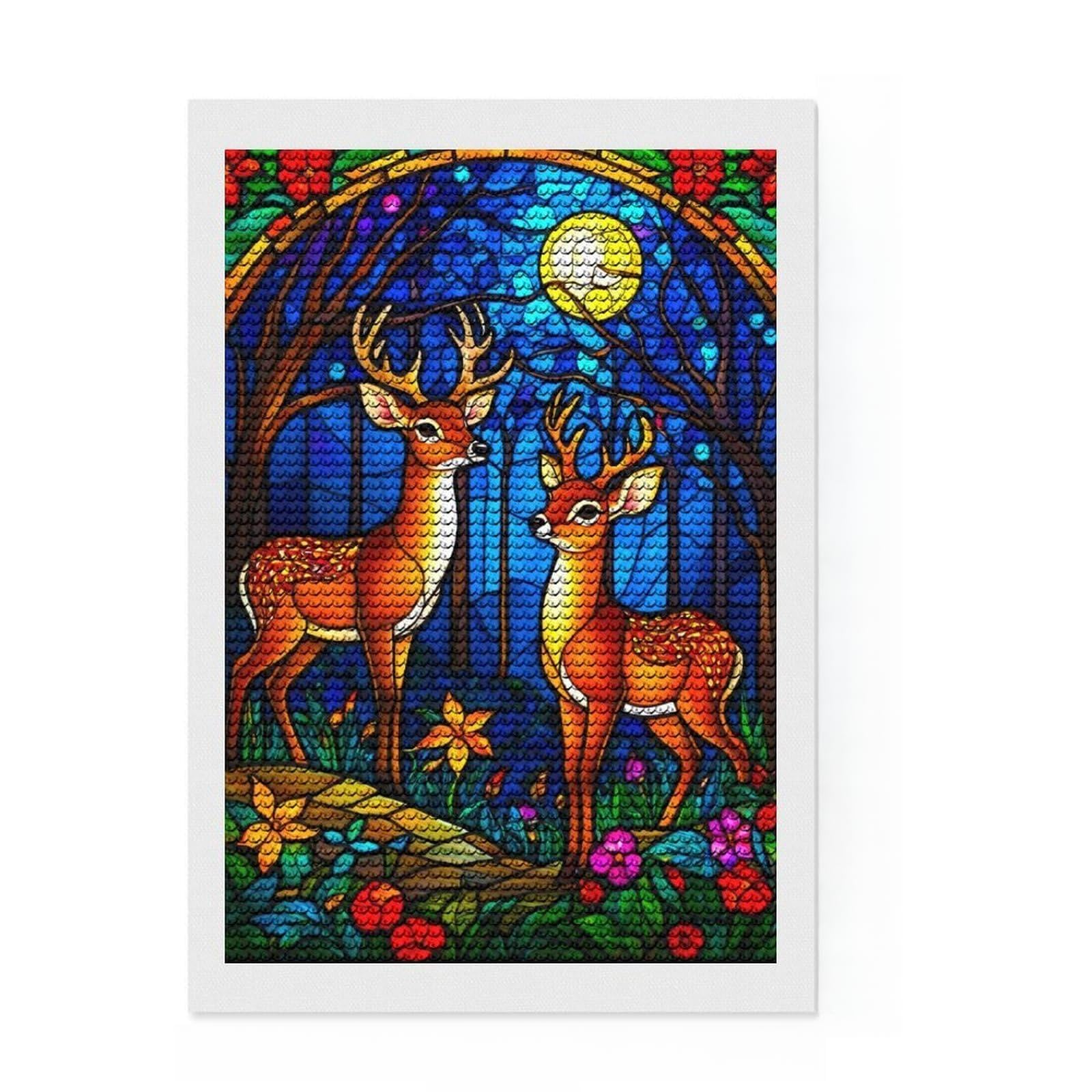 Junmoney Stained Glass Deer Diamond Painting Set 8"x12", Neat Printed Canvas, Fun Craft Experience, Boho Decor, Christmas Gift, Printed Canvas