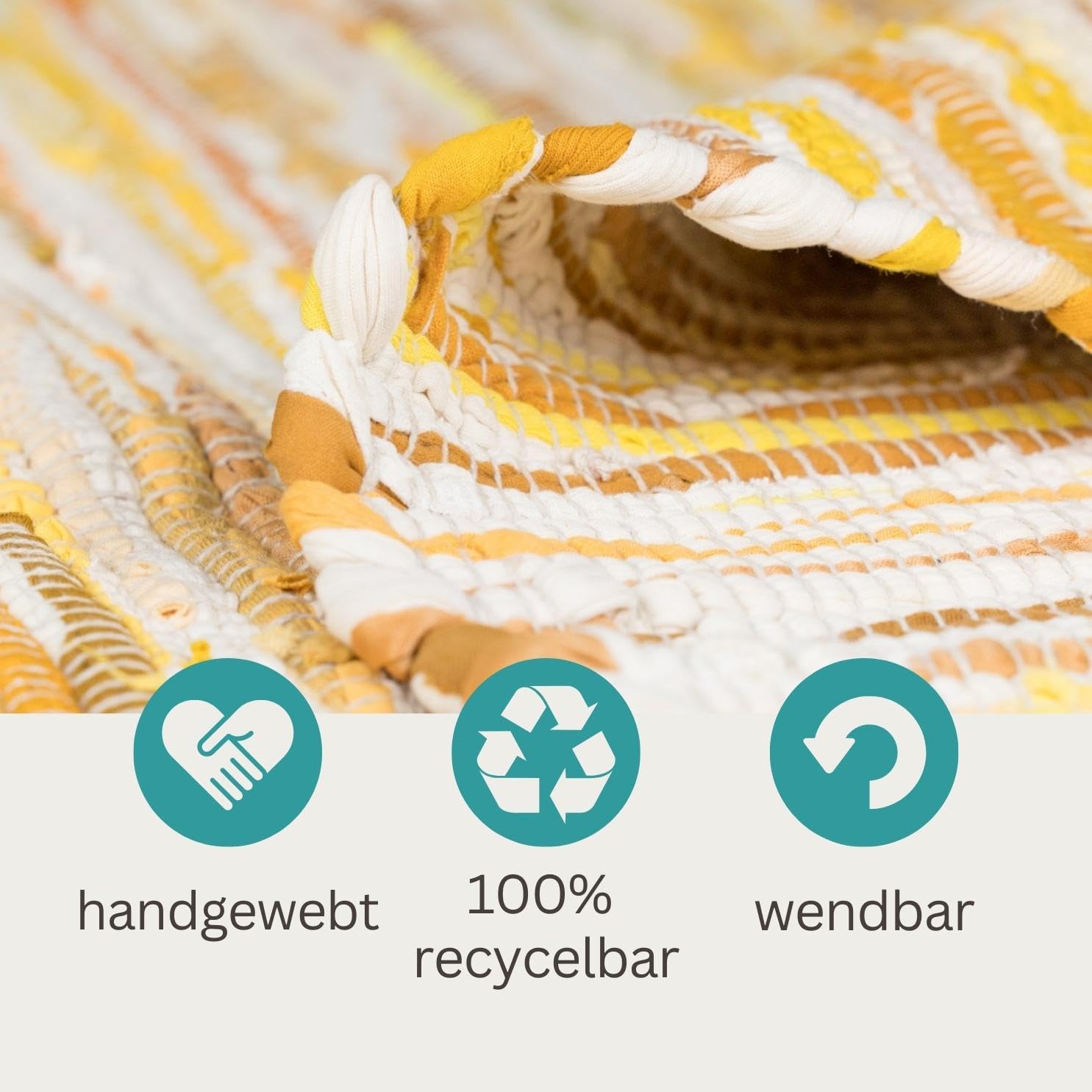 MY-RUG Handgewebter Baumwollteppich - Flickenteppich 140 x 200 cm - Gelb | Handgefertigter Fleckerlteppich aus recycelter Baumwolle, bunter Boho Teppich im Chindi-Stil, robust & wendbar