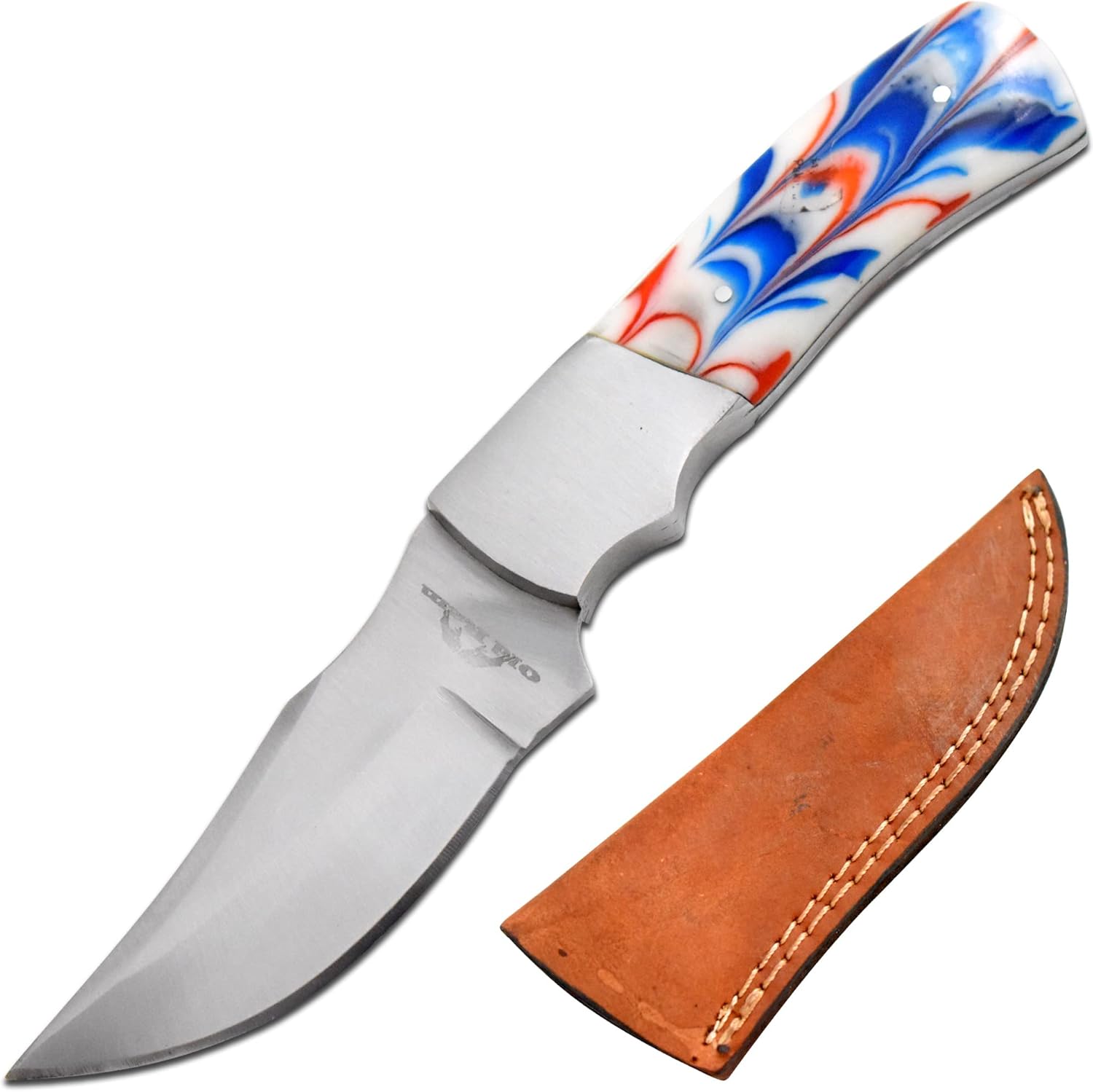 Collection Heavy-Duty Fixed Blade Hunting Skinner Knife, Sharp Stainless Steel Outdoor Knife with Leather Sheath (Blue Resin)