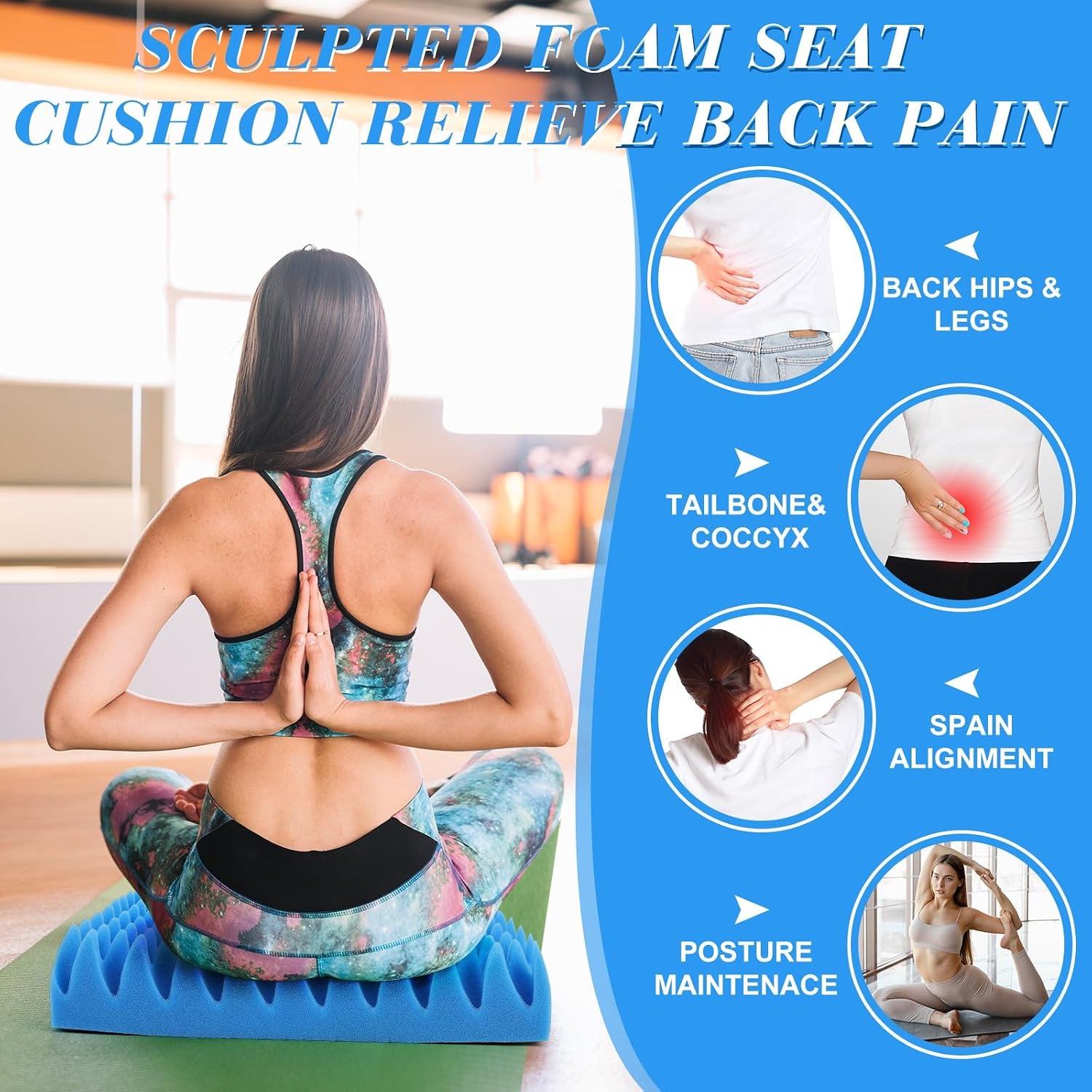 2 Pcs Egg Crate Foam Chair Cushion, Car Seat Cushion, Recliner Chair Pads with Black Cushion Cover, for Back, Hip, Sciatica, Coccyx, Tailbone Pain Relief (2, Blue)