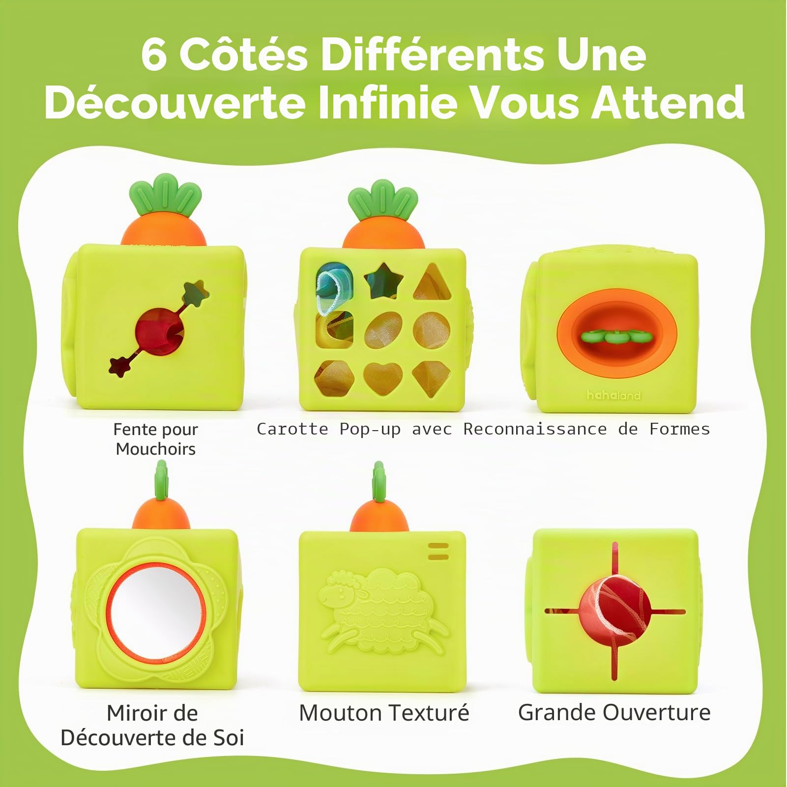 hahaland Jouet Montessori Bebe 6-12 Mois – Boite Mouchoir Bebe – Jouet sensoriel 6 en 1 avec lingettes, Miroir, Anneau de Dentition, Cadeau bébé Fille Garcon 1 an