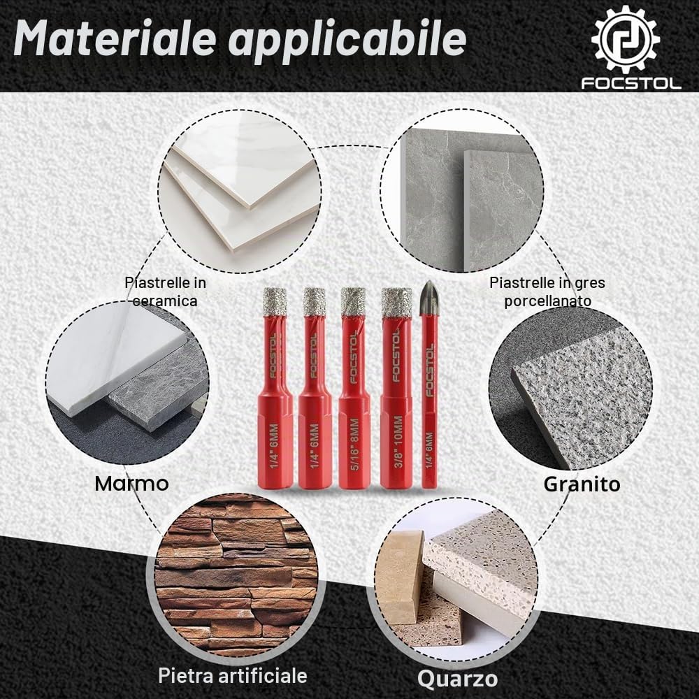 FOCSTOL Set Punte Trapano Diamantate - 4 pezzi 6/6/8/10mm Sega a Tazza Diamantata+1 pezzo 6mm Trapano al Carburo con Gambo Triangolare per Gres Porcellanato Ceramica Granito Marmo