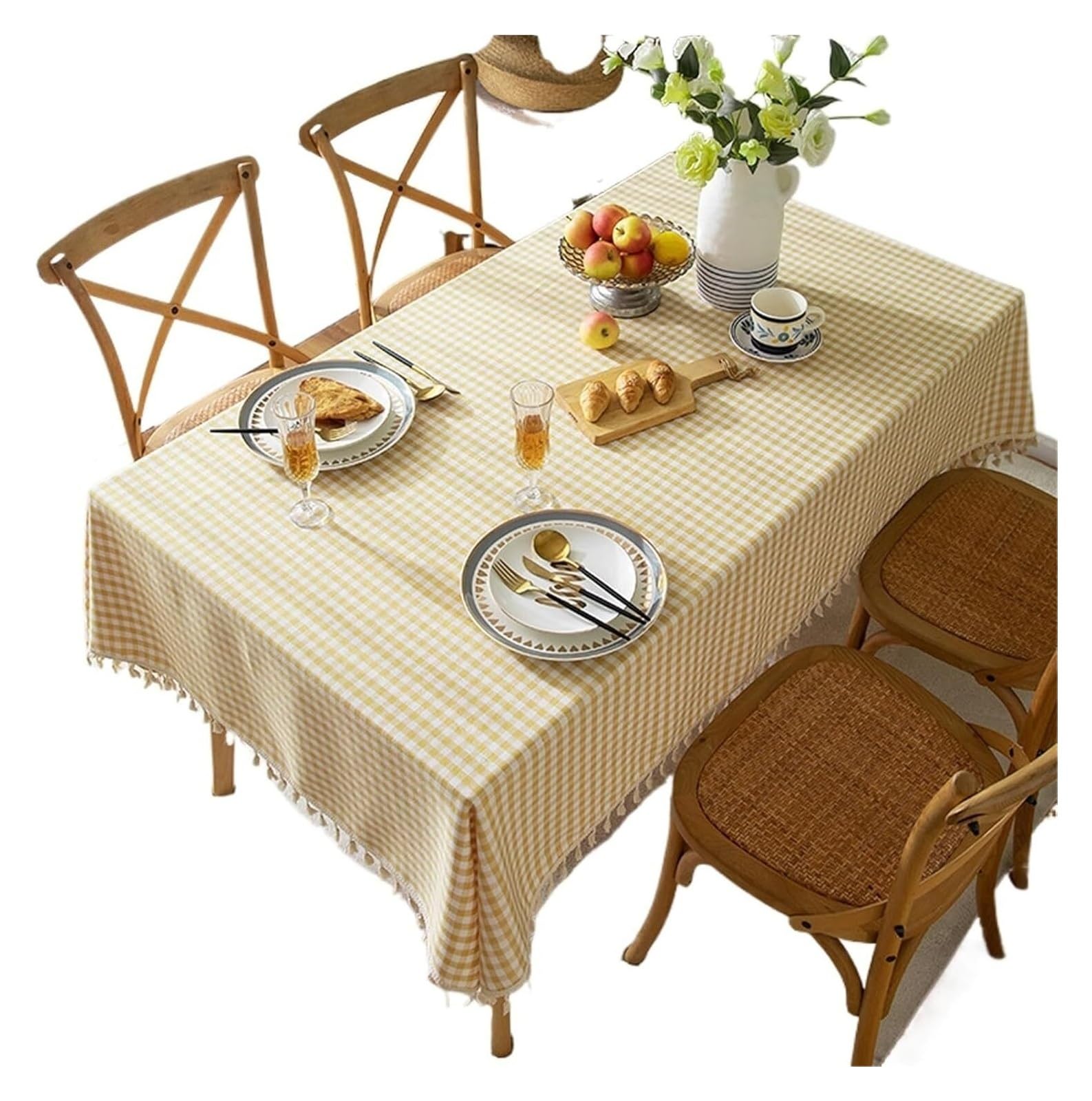 Pzoferlin Yellowish White Tablecloth Checkered Tassel Kitchen Tablecloth Multiple Sizes(140X140cm)