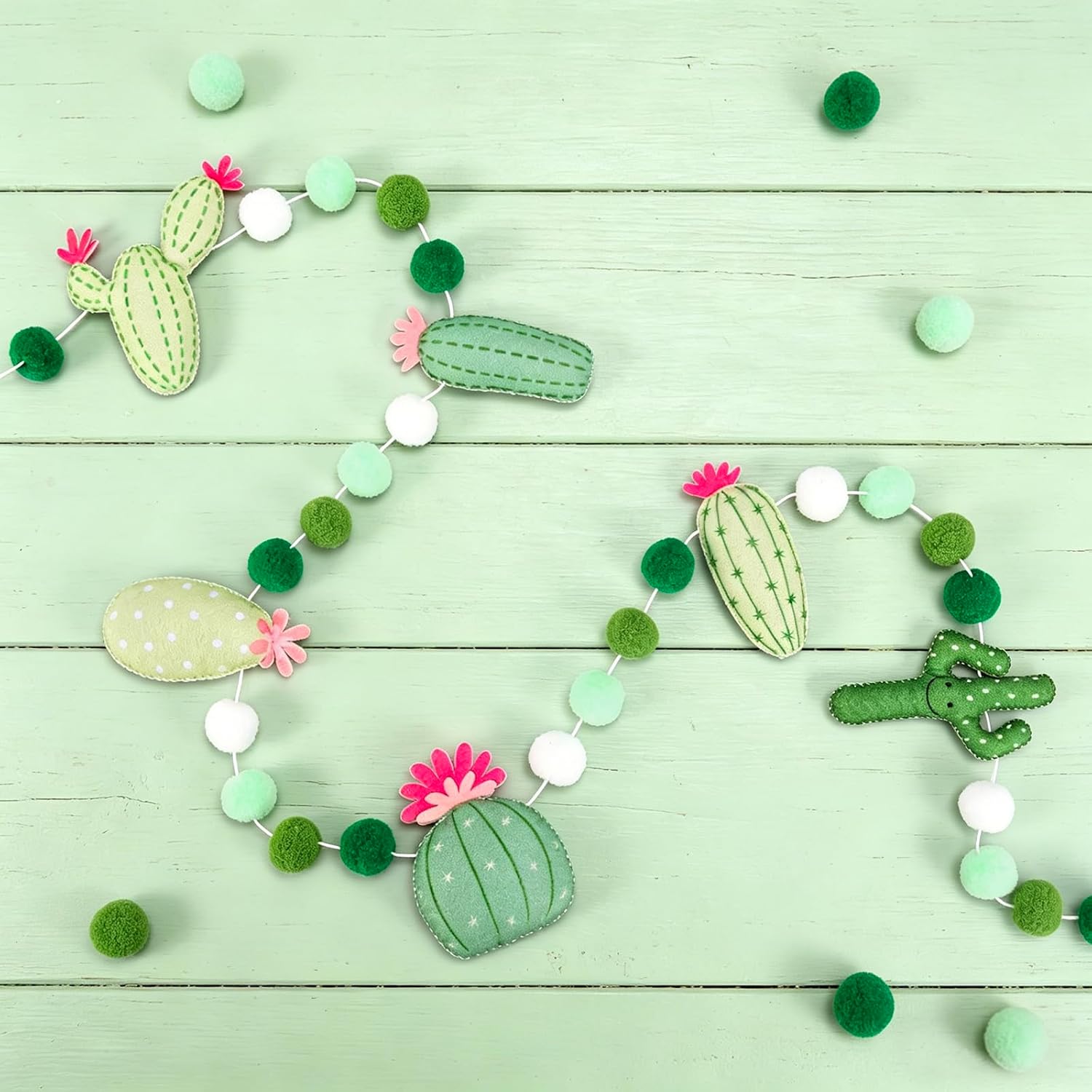 AnyDesign Cactus Felt Banner Hanging Garland 3D Summer Tropical Cactus Pom Ball Pre-Strung Banner Ornament for Mexican Fiesta Party Baby Shower Birthday Home Classroom Decor, 8.2 Ft