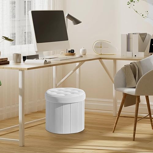 Miniatura 7 de Bsketa Otomana plegable redonda de almacenamiento de 15 pulgadas, taburete de pie con asiento acolchado de espuma más gruesa, banco otomano de