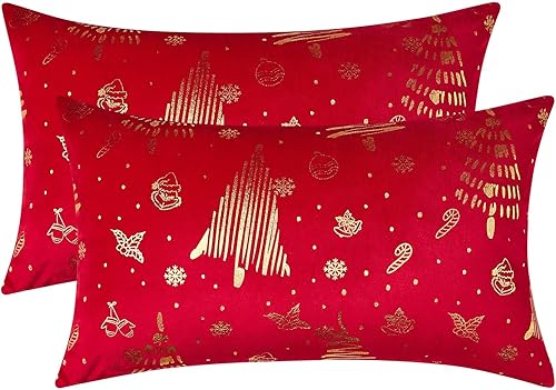 Miniatura 8 de Topfinel Juego de 2 fundas de almohada lumbares rojas de 12 x 20 pulgadas, suaves y acogedoras fundas de almohada decorativas de terciopelo dorado
