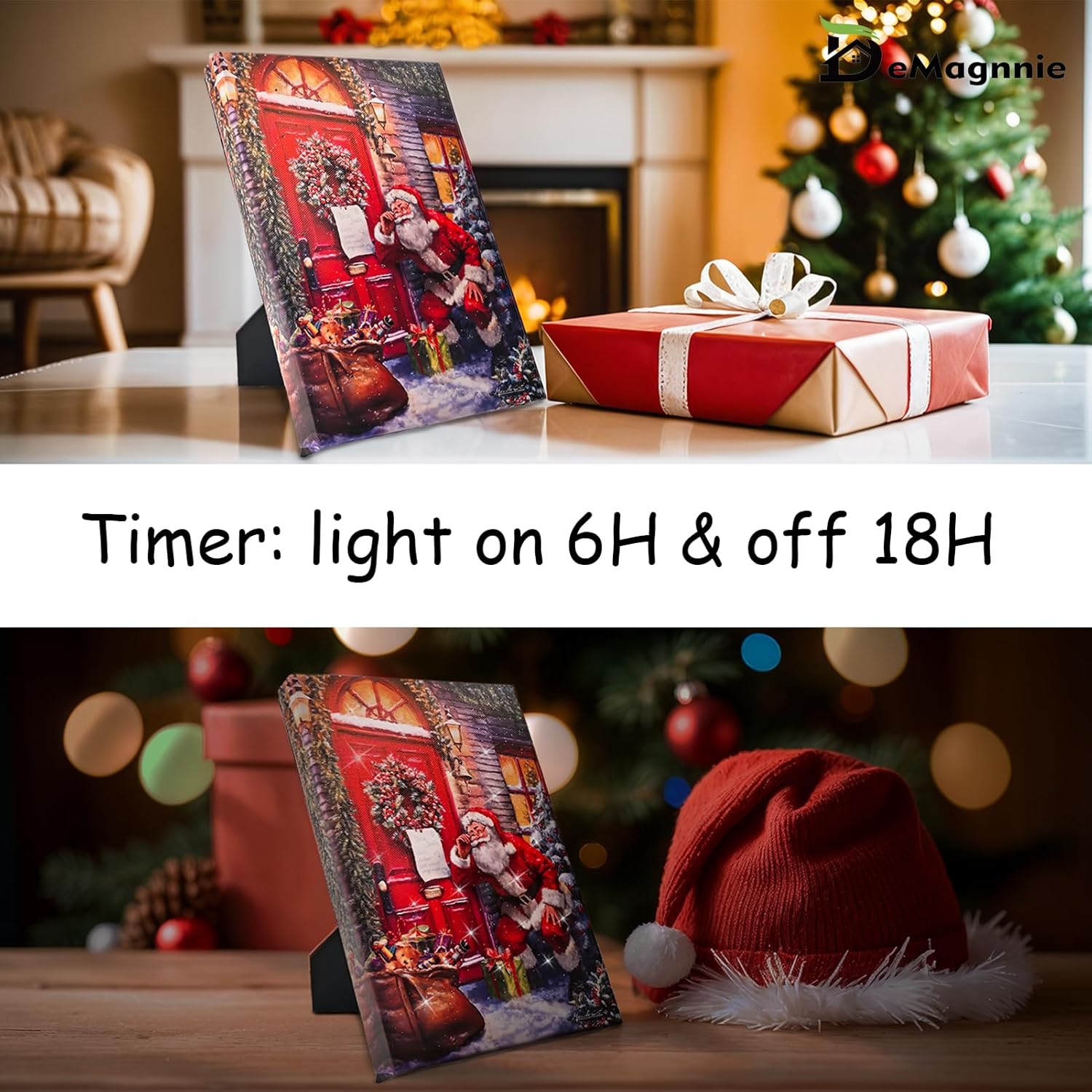 LED Lighted Canvas Pictures w/Timer, Fiber Optic Lights Run by Batteries, Santa Claus Checks the Message Delivery Gifts, Small Framed Wall Art with Stand, Put on Desk or Table for Home Office Decor