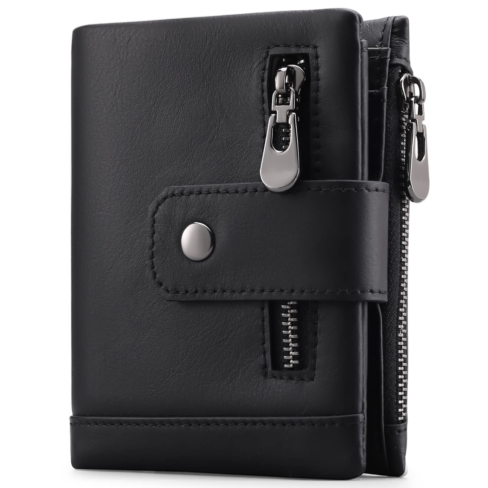 Mens Wallet RFID Blocking Genuine Leather Bifold Compact Wallets for Men with Zipper Coin Pocket