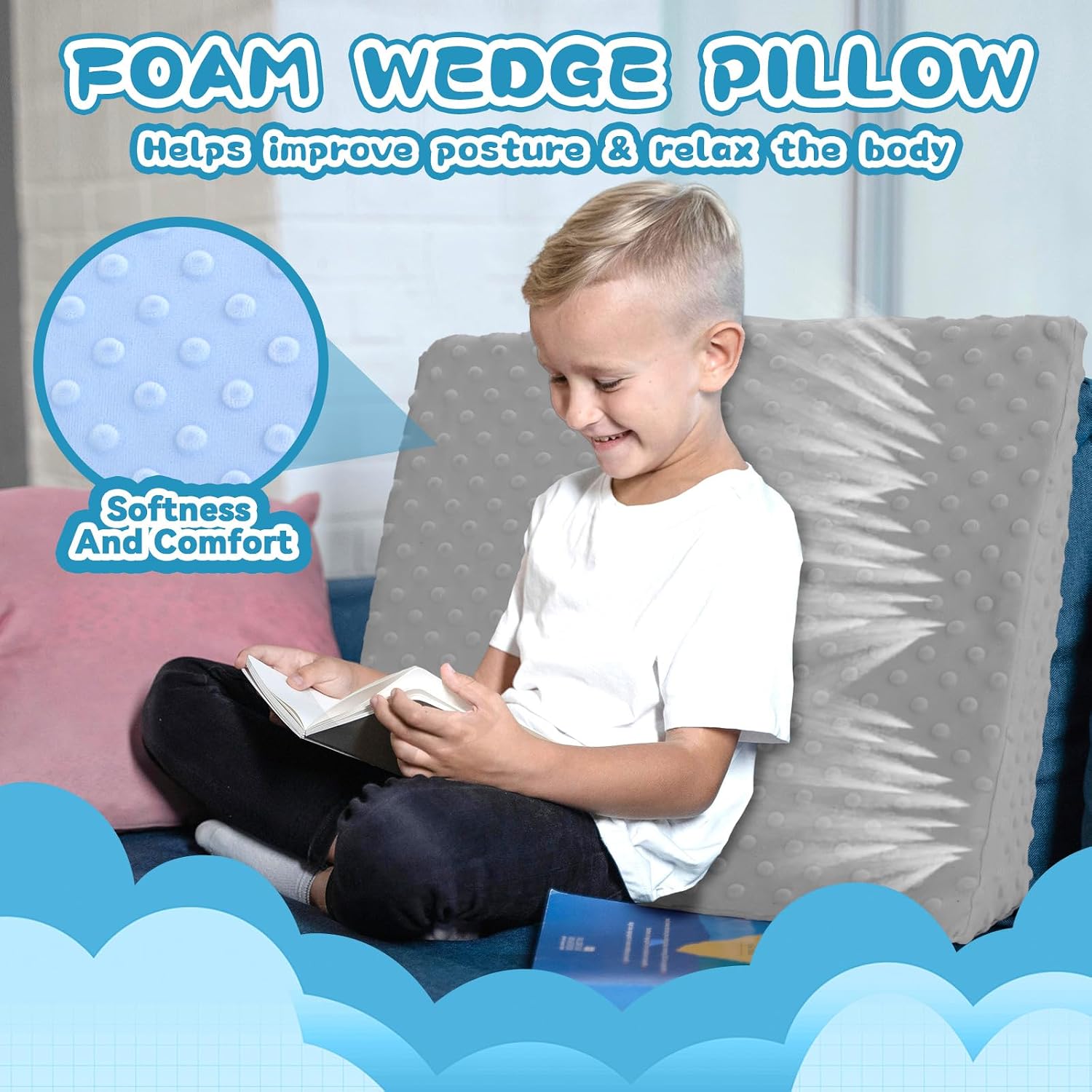 Wedge Pillow for Kids,Memory Foam for Back,Legs & Knees, Relaxation and Comfort, Soft and Breathable, Dot Texture Pillow for Reading Watching TV Gaming Sleeping, Fit for Sofa Floor Room