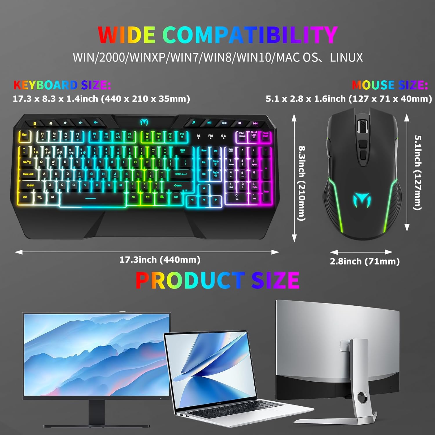 Wireless Gaming Keyboard and Mouse Combo - RGB Backlit, Rechargeable, Ergonomic Wrist Rest, Long-Lasting Battery (Black)