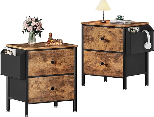 BOLUO Juego de 2 mesitas de noche con cajones, mesita de noche pequeña con bolsillo y 2 cajones para dormitorio, juego de mesa auxiliar marrón