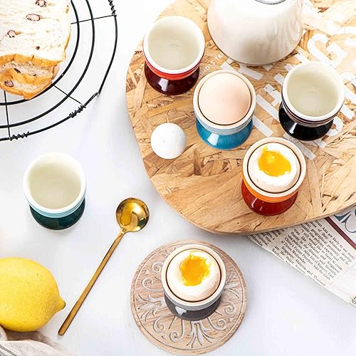 Miniatura 7 de UNICASA Juego de 6 vasos de cerámica para huevos de porcelana coloridos, soporte para huevos duros suaves, aptos para microondas y lavavajillas