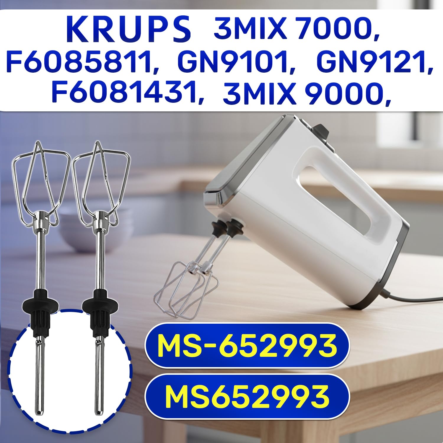 MONTERAL 2 Pezzi Fruste per Sbattitore Elettrico con Codice Originale MS-652993 MS652993 per Krups Mixer Mano F6081431 F6085811 GN9101 GN9121 3Mix 7000 3Mix 9000 Handmixer - Garanzia di 10 Anni