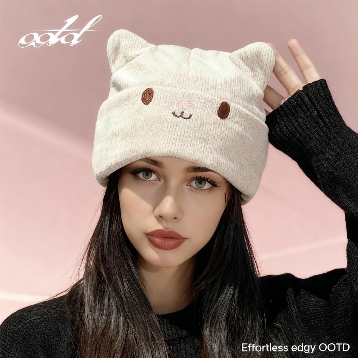 Gorros de punto para mujer de invierno con gorras de forro polar, gorro de invierno fino para hombre, diseño de orejas de gato, gorra deportiva para senderismo, 54-59 cm