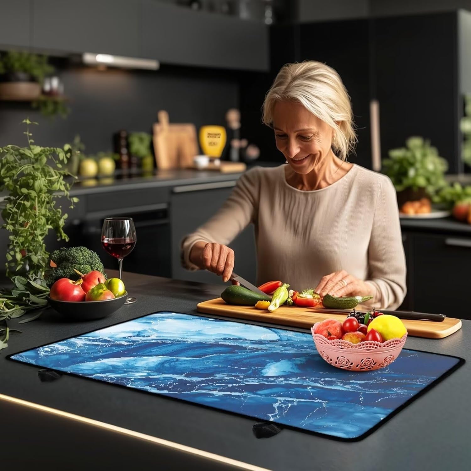 Poceacles Glass Top Stove Cover for Electric Stove, Foldable Cooktop Protector Multipurpose Mat Washer Dryer Top Protector Kitchen Decor Accessories, Dark Blue Marble