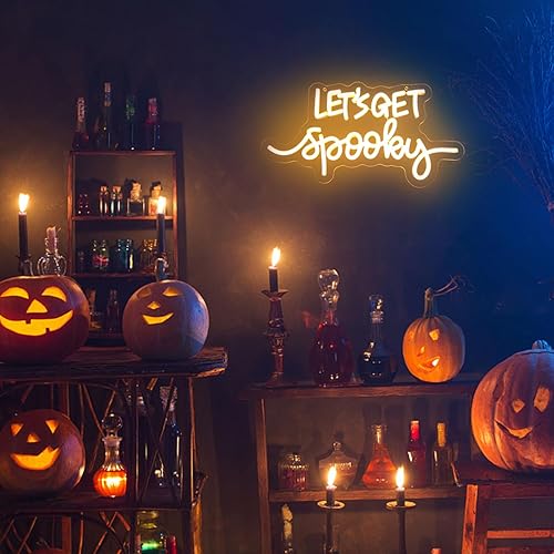 Miniatura 6 de Letreros de neón con texto en inglés "Let's Get Spooky", letrero de neón para Halloween, letras amarillas, luces de neón espeluznantes para pared,
