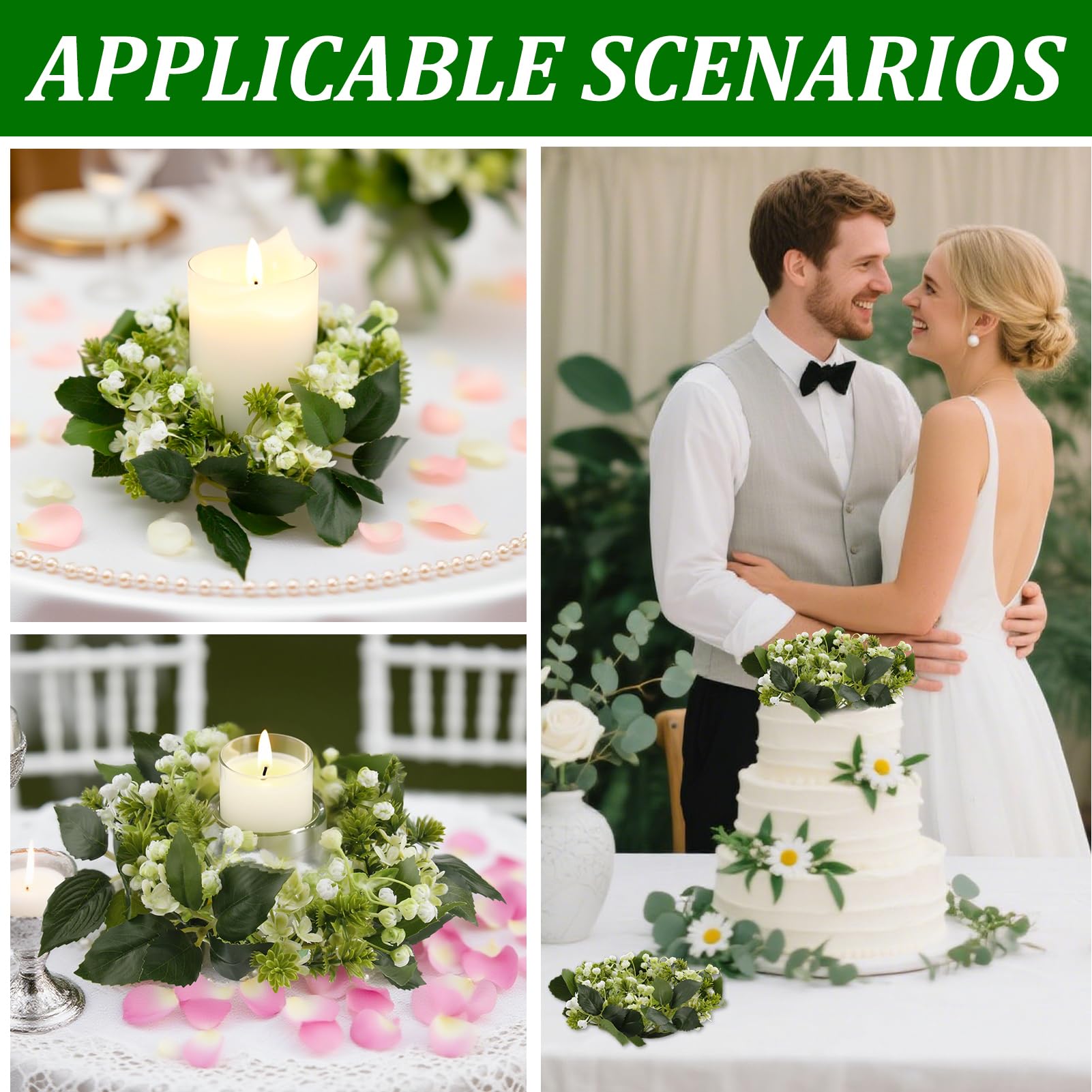 4 anelli per candele da 7,6 cm al centro, artificiali, piccole mini ghirlande di verde per interni, ghirlanda floreale di eucalipto per matrimoni, centrotavola, feste, casa, porte, tavoli, decorazioni