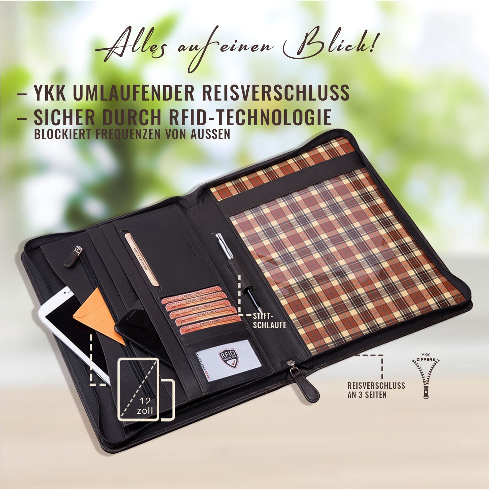 Corno d´Oro Schreibmappe A4 12 Zoll Fach für iPad Tablet I RFID Konferenzmappe Leder mit Reißverschluss I Business Aktenmappe Damen Herren schwarz