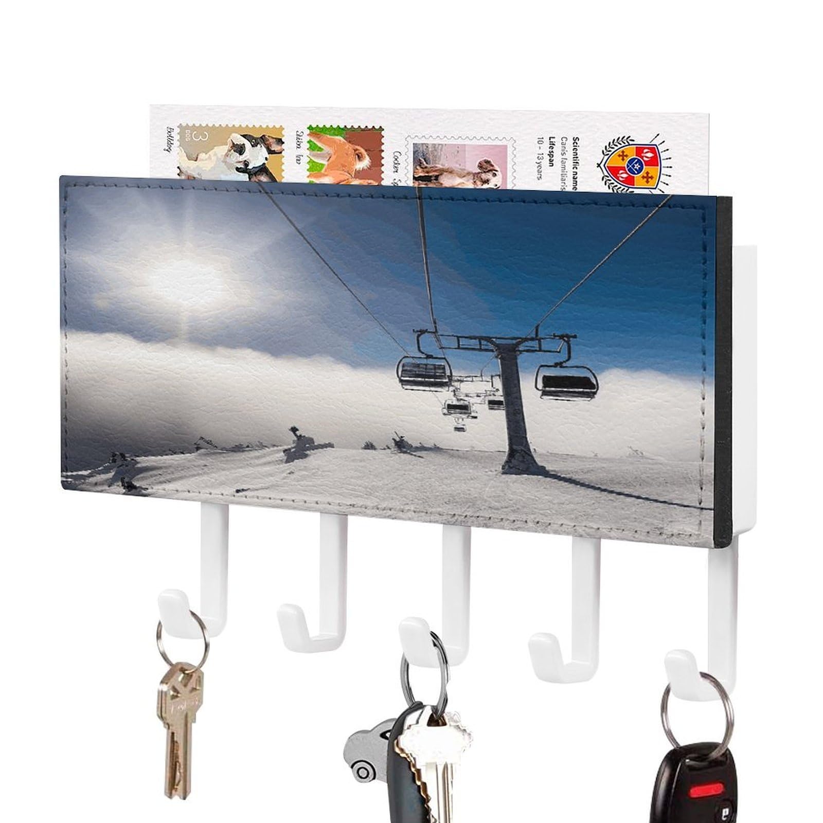 FekiLoot Ski Lift at Sunshine Key Holder for Wall Decorative Mail Organizer with 5 Key Hook Self Adhesive Key Rack with Tray Coat Rack Wall Mount Key Hanger Decor for Entryway Door
