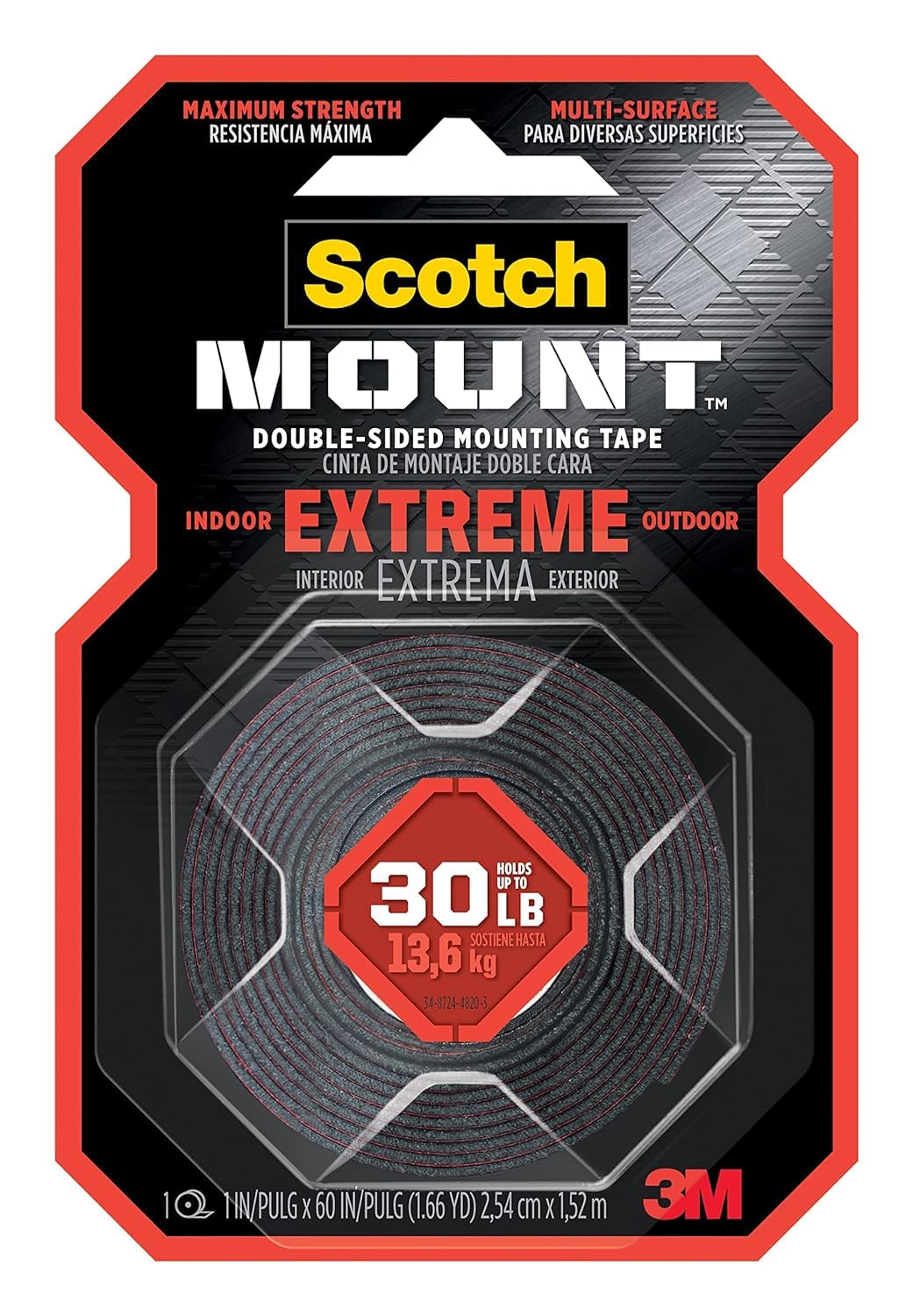 Scotch Mount Extreme Strong Tape 1 in x 60 in roll (25.4mm x 1.52m) | Holds 13.6kg whole role | Black color | maximum strength| indoor and Outdoor | No Tools| Double Sided Adhesive Tape | 1 roll/pack