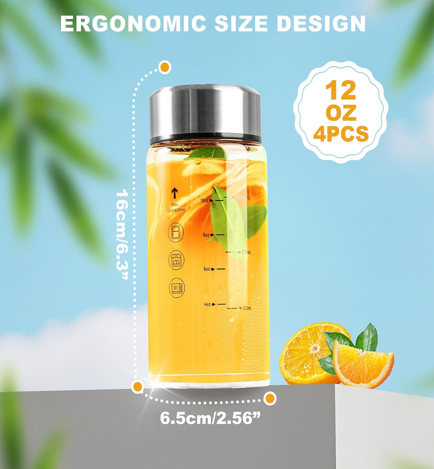 Yirilan 12 oz glass bottles with lids, 4 Pack Glass Juice Bottles, Reusable Water Bottle for Juicing, Stainless Steel Lids Juicer Bottles, Leakproof, BPA Free - Image 2