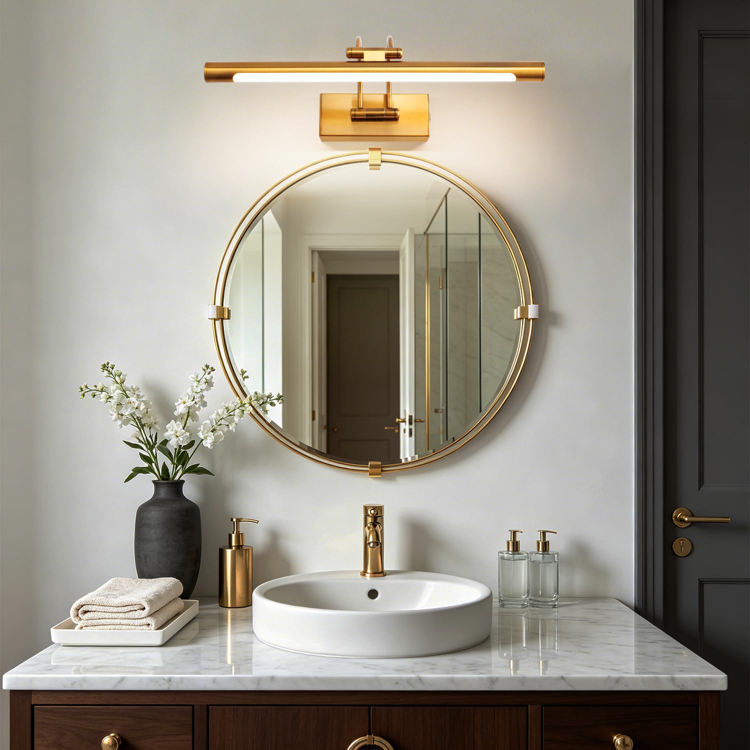 Espejo Baño LED 40cm 8W Luz Pared 3 Temperaturas Regulable Latón | Luz de Pared Arco con Cabeza Giratoria Brillo Regulable, Antivaho, Espejo Iluminado para Baño y Tocador