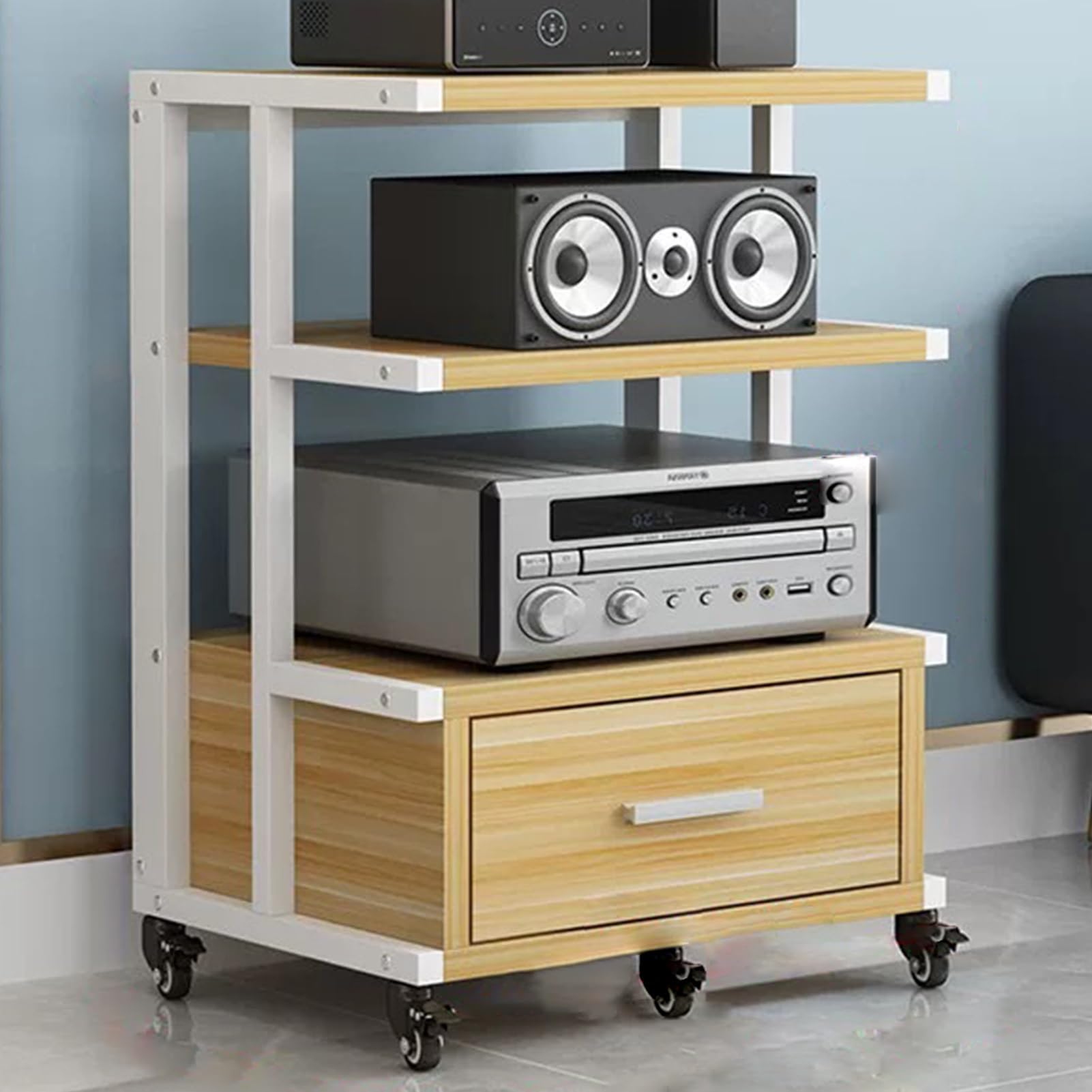 Mueble de audio Hi-Fi con estante ajustable y ruedas para almacenamiento multimedia doméstico