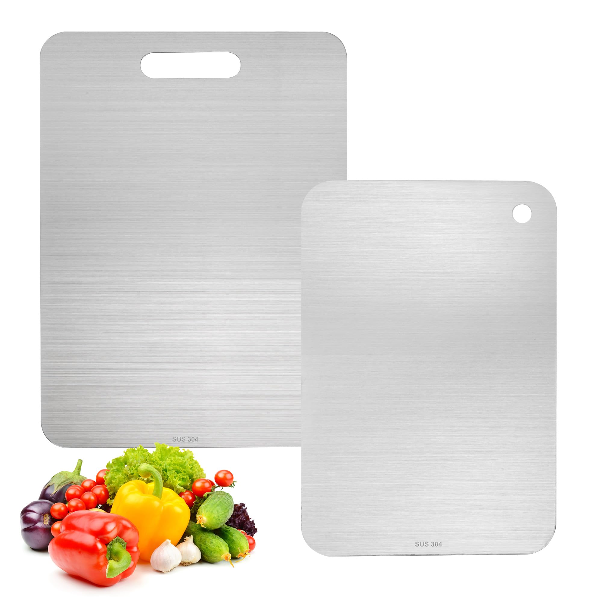 Axincardarm 2 Pcs Stainless Steel Chopping Board Double-Sided Cutting Board 39 x 28cm and 29 x 20cm Steel Chopping Board for Kitchens, Fruit, Vegetables