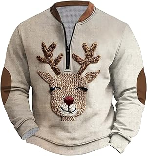 BVEBJDX Mens Christmas Sweatshirt 1/4 Zip Pullover Tops Santa Claus Christmas Tree T-Shirt Reindeer 3D Printed Blouse Casual V Neck Jumper Funny Festive Holiday Sweatshirts Novelty Xmas Shirts