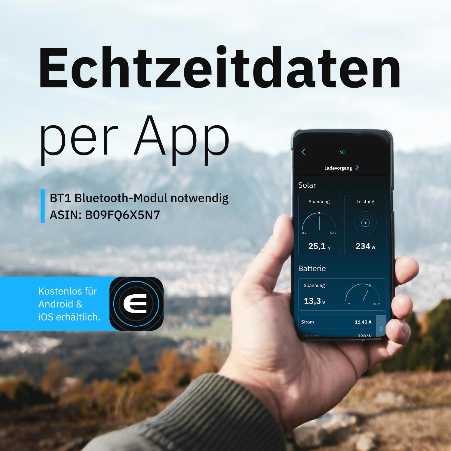 Smartphone screen showing real-time solar charge controller data via an app, including solar voltage, power, battery voltage, and current.